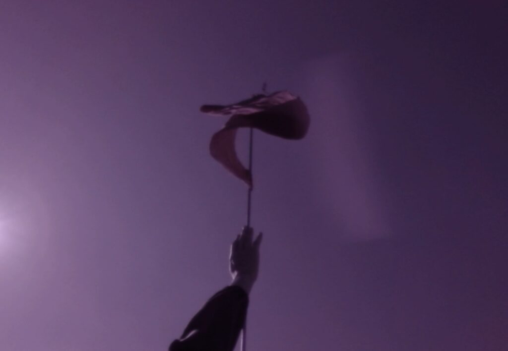 보라빛이 나는 배경에 자줏빛이 나는 붉은 깃발이 봉에 걸려 흔들리고 있다. 깃발은 두 개가 한 봉에 달려 있으며 끝이 갈기갈기 찢겨져 흔들리고 있다.