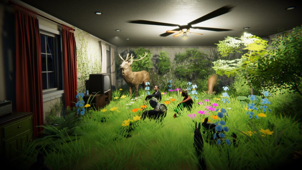밖은 어둡고 실내는 밝으나 실내의 불빛은 천장에서 스포트 라이트 처럼 쏘는 빛이기에 방 안쪽은 밝고 시선 앞쪽은 어두운 강한 명암이 있다. 방 안은 풀과 나무로 가득하고 밝은 쪽, 즉 시선에서 먼 쪽에 뿔이 돋아난 순록이 한 마리 서있다. 그 앞으로는 브라운관 텔레비전이 갈색 나무 수납장 위에 놓여져 있다. 텔레비전을 보고 있는 방향으로 사람이 형체가 세 명이 보이고 그 앞으로는 토끼가 두 마리 있다. 왼쪽으로는창문이 있고 빨간색 커텐이 있다. 안쪽 창문에는 하얀색 커튼이 있다. 곳곳에 노란색, 파란색, 핑크색, 주황색 등의 꽃들이 풀숲 사이에 자라나 있다. 천장용 선풍기가 달려있다.